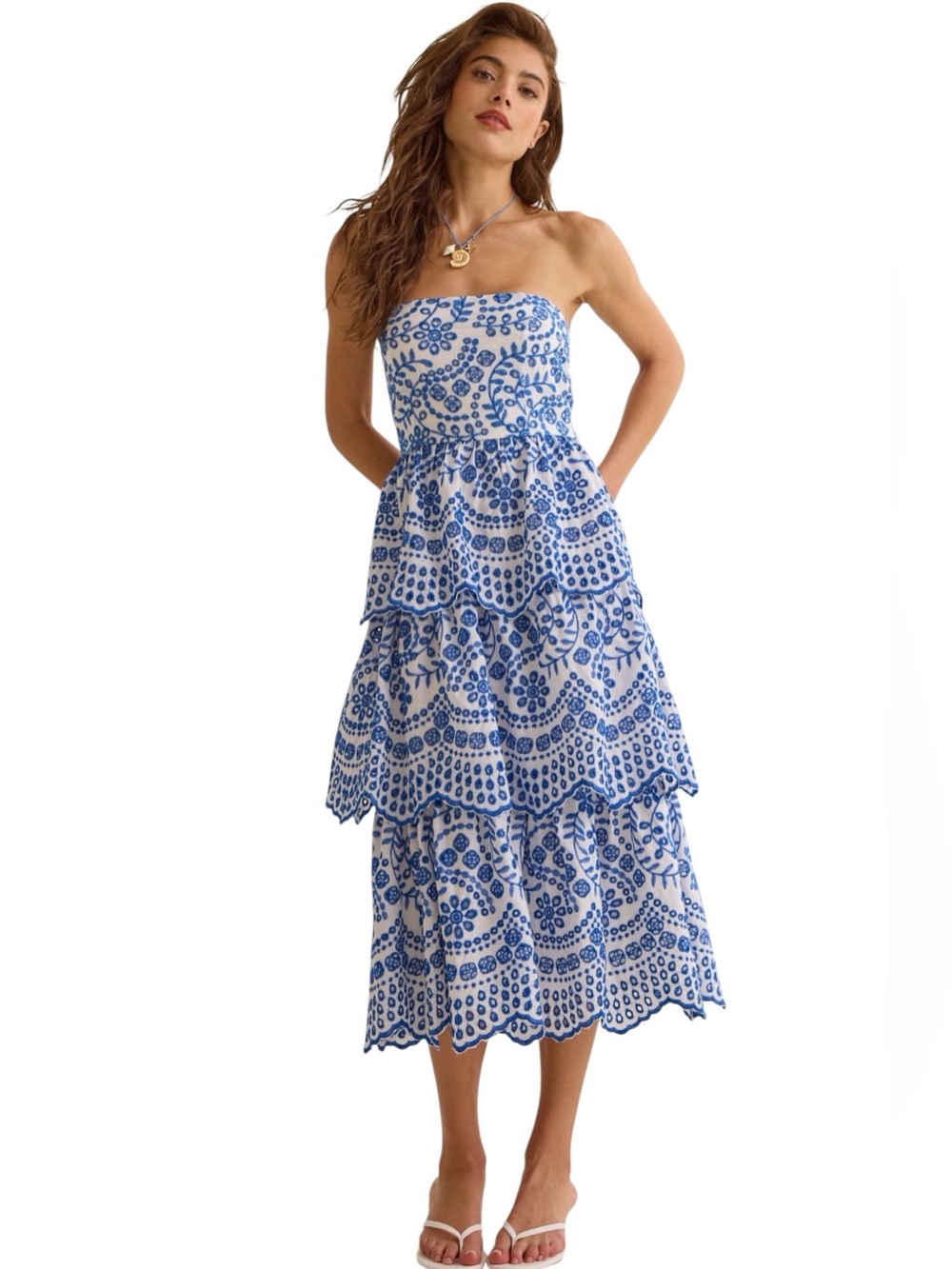 Altar'd State Blue and White Strapless Tiered Midi Dress